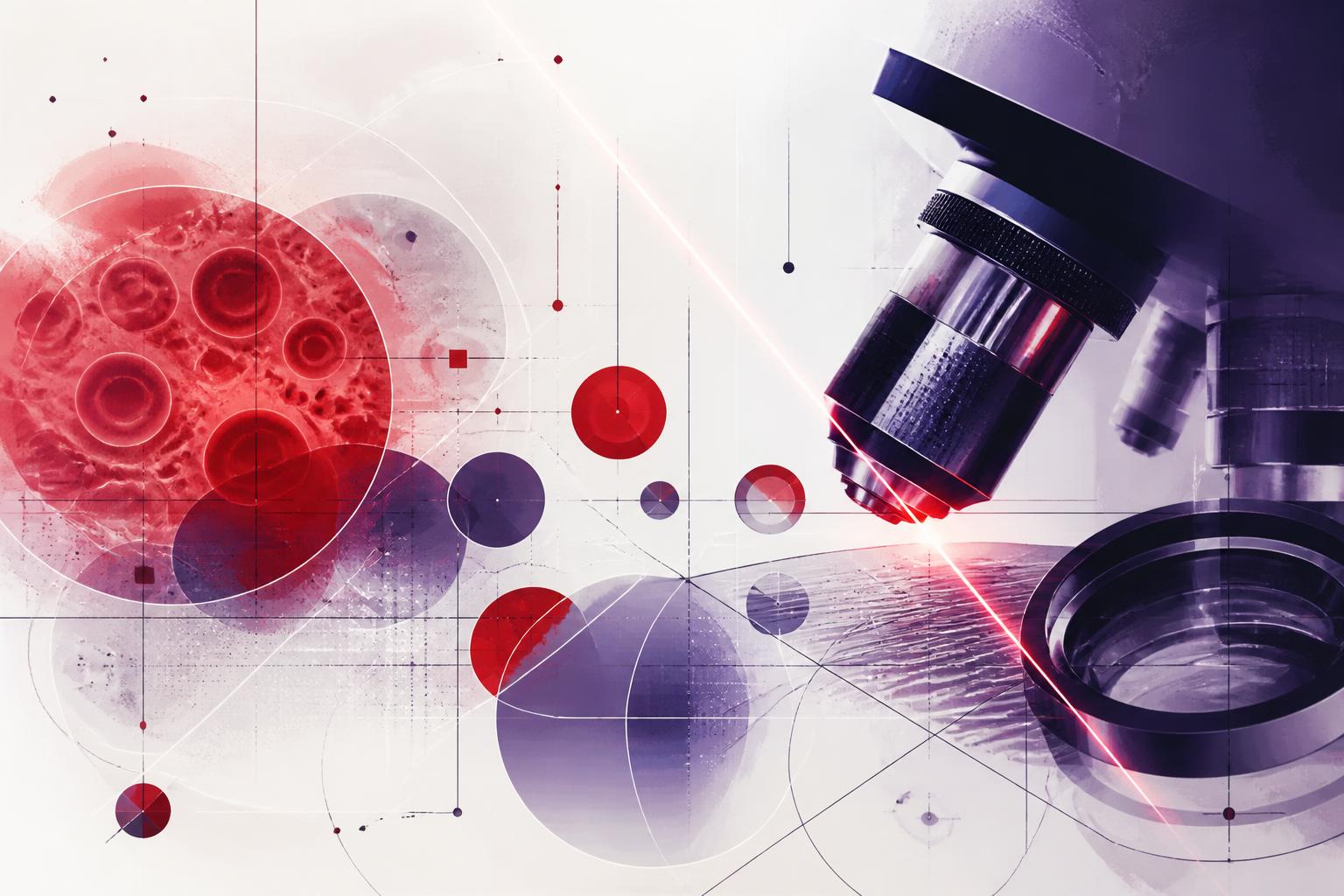 Abstract composition of microscope optics, soft blood-cell texture and fine geometric construction lines in violet and red.