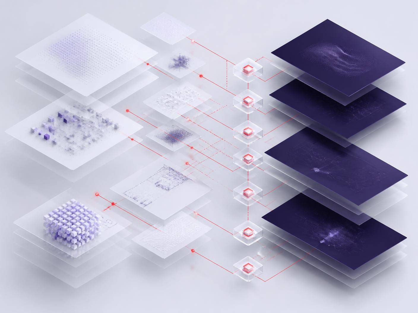 Abstract layered render of translucent document planes, dataset tiles and version nodes connected by fine red trace lines.