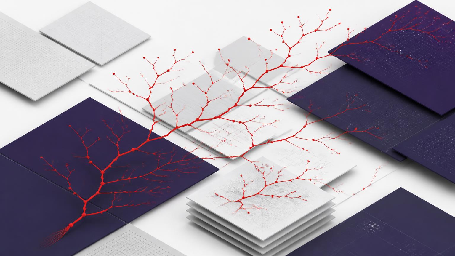 Abstract cover image: a branching red lineage graph tracing across pale and deep violet stacked data planes.