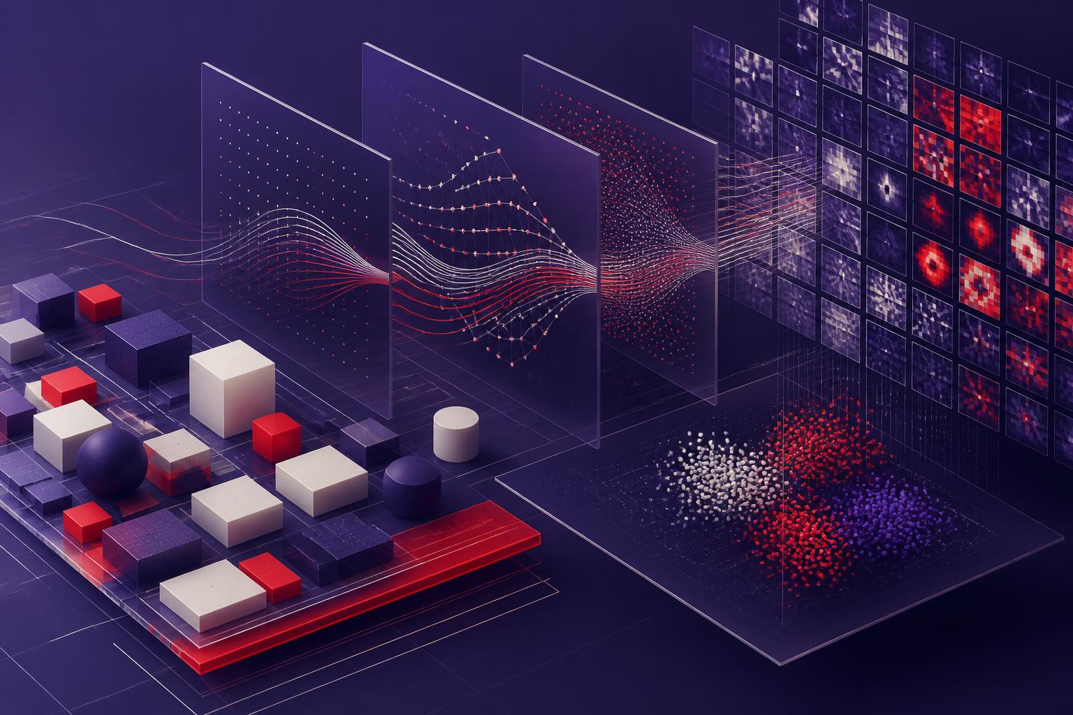 Abstract layered render of geometric foundation blocks, curve planes and feature-map grids in violet, red and off-white.