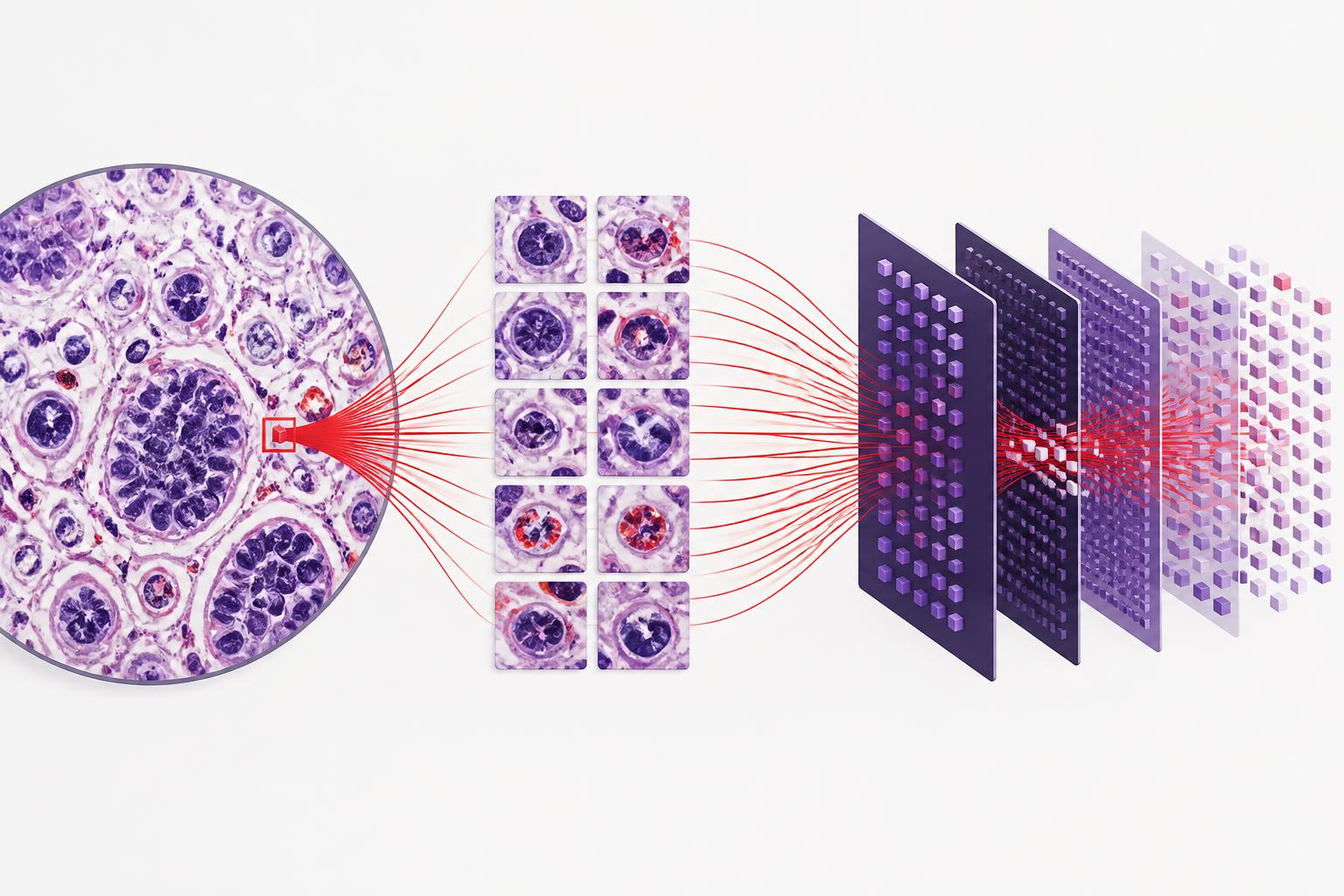 Abstract sequence illustration: a circular microscopy field, a column of isolated cell tiles, and layered neural feature planes linked by red threads.