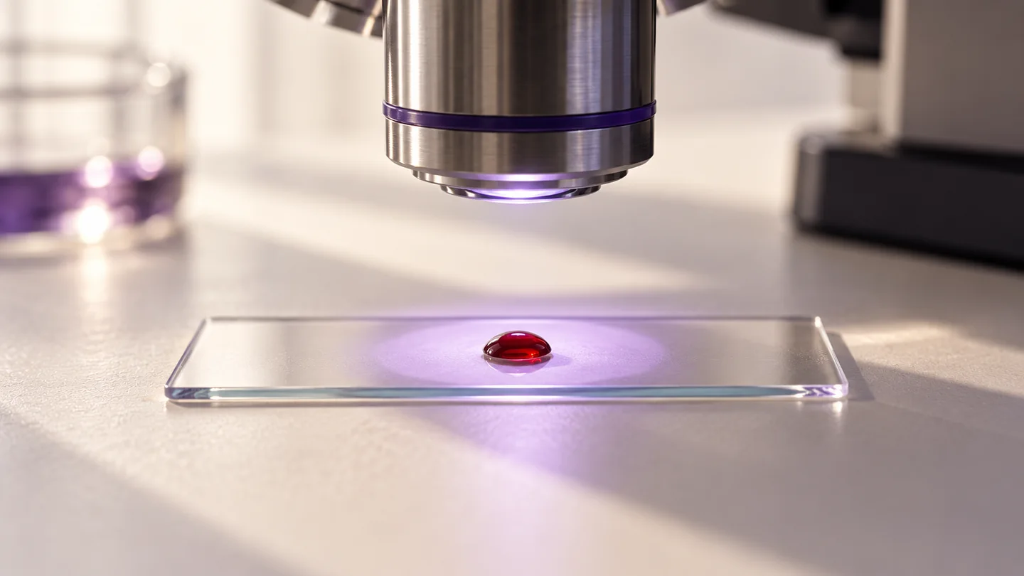 Conceptual laboratory scene with a crimson droplet on a glass slide beneath an optical lens.
