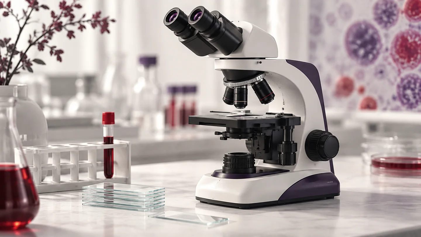 Original conceptual laboratory still life with a microscope, glass slides and a closed sample tube.