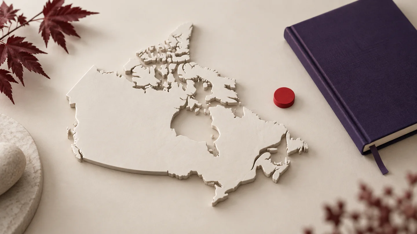 Conceptual off-white Canada silhouette beside a violet notebook and a crimson marker; no quantitative data shown.