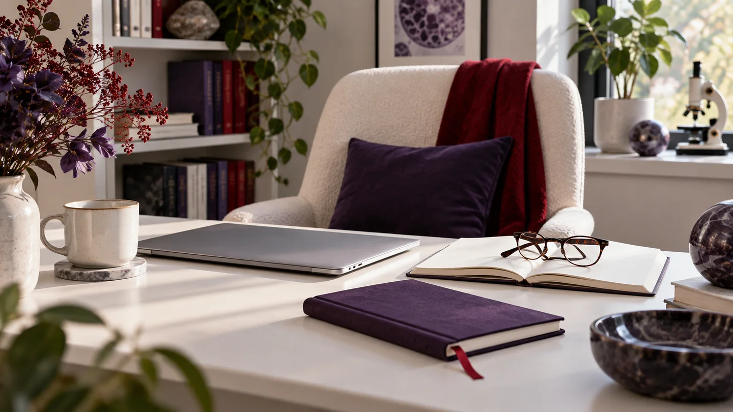 Conceptual research workspace with an empty chair, closed laptop, reading glasses and an open notebook.