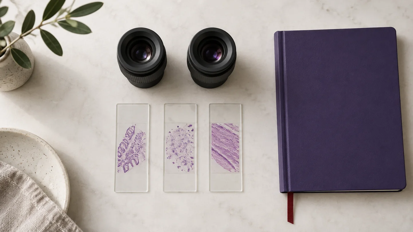 Conceptual comparison workspace with two optical eyepieces, three glass slides and a violet notebook.