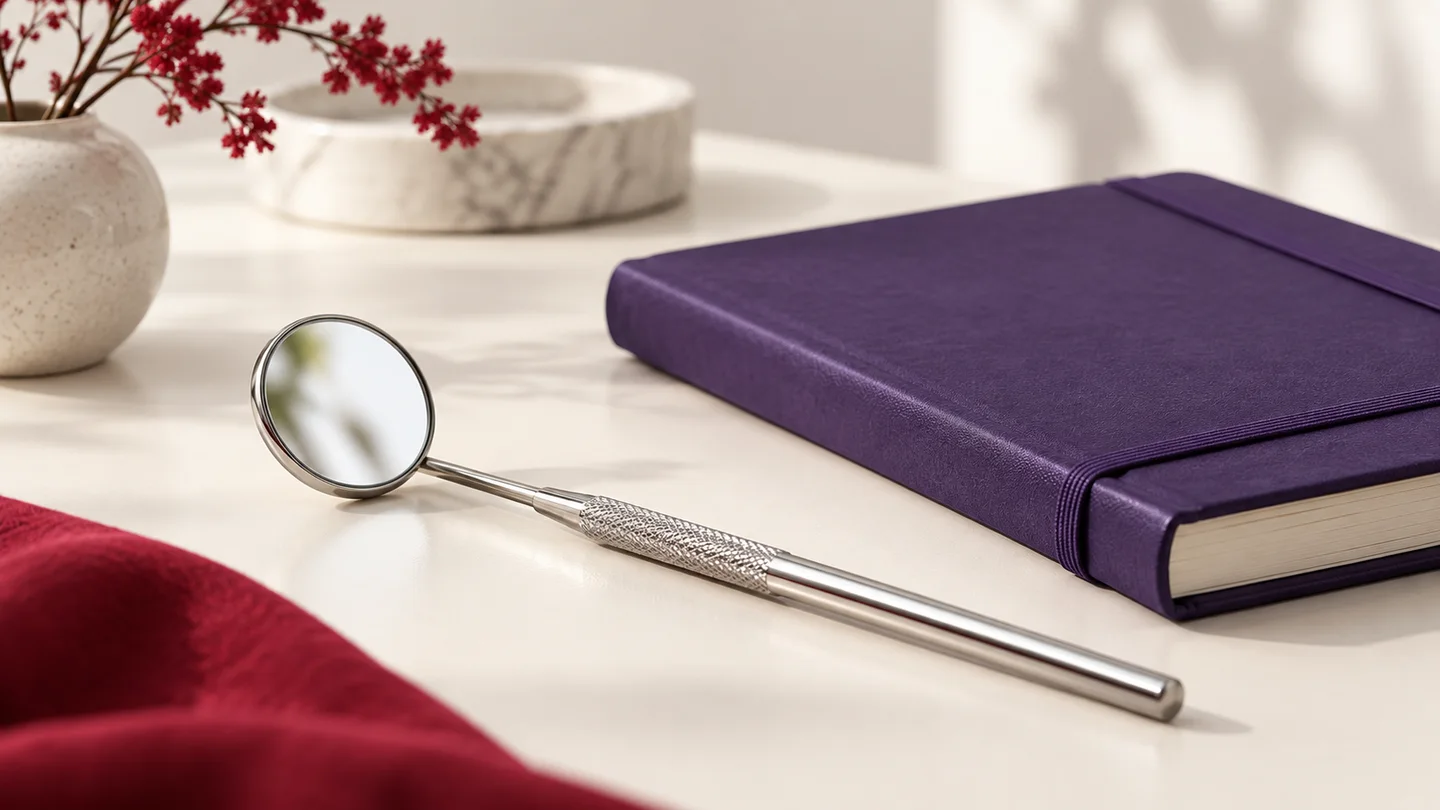 Conceptual oral-health still life with a dental mirror and a violet notebook on an off-white surface.