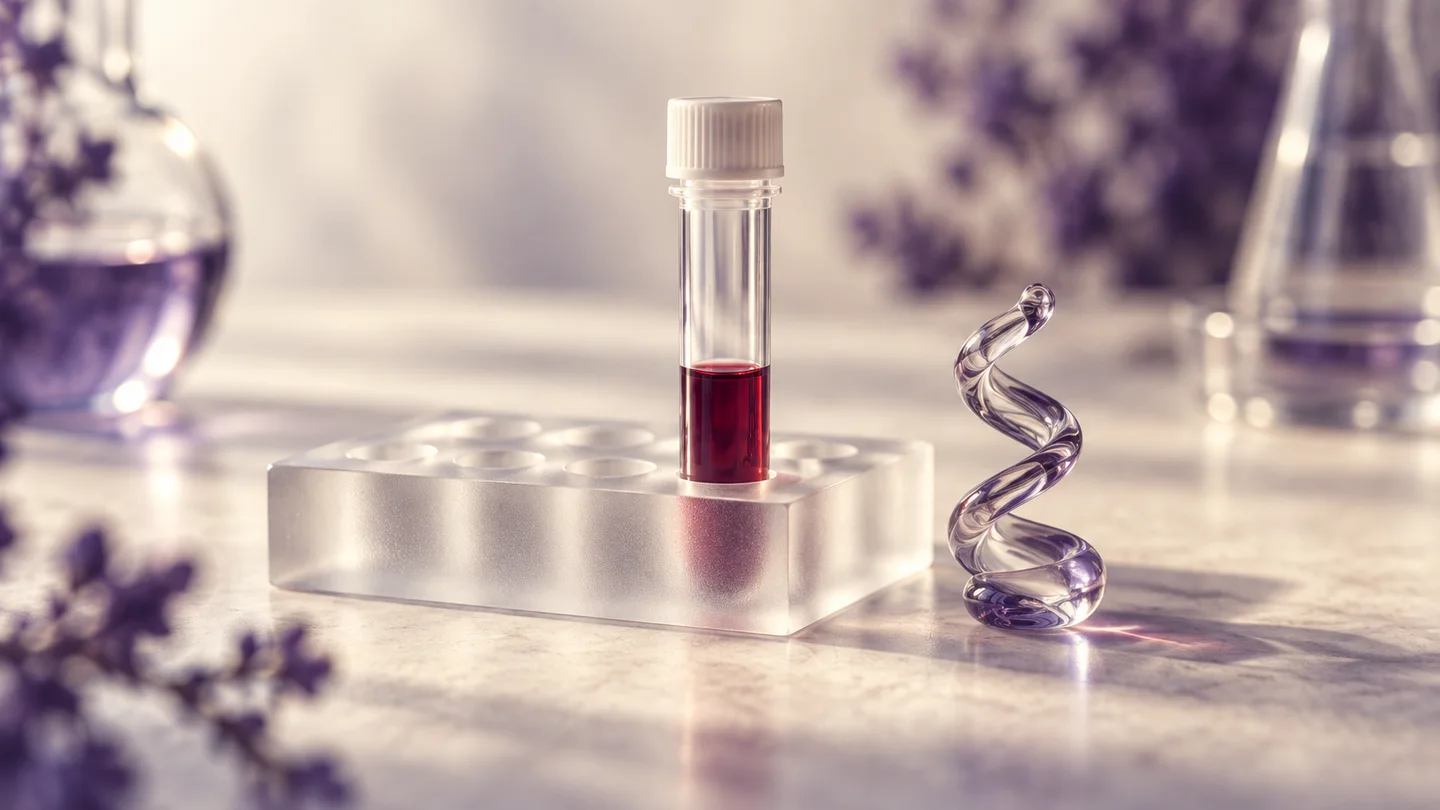 Conceptual closed sample tube beside an abstract glass spiral on a softly lit laboratory surface.