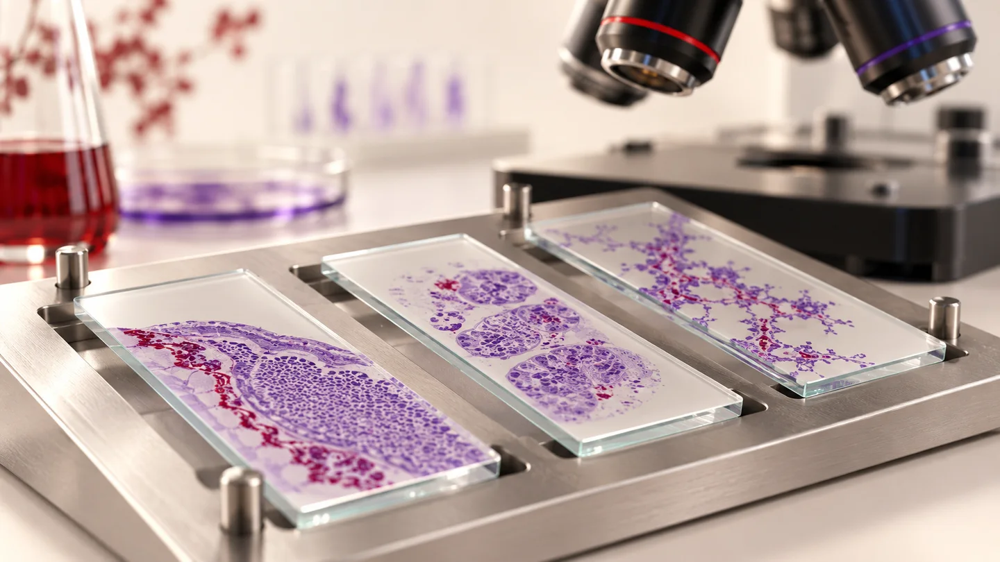 Conceptual sequence of glass slides arranged on a laboratory tray beneath a microscope assembly.