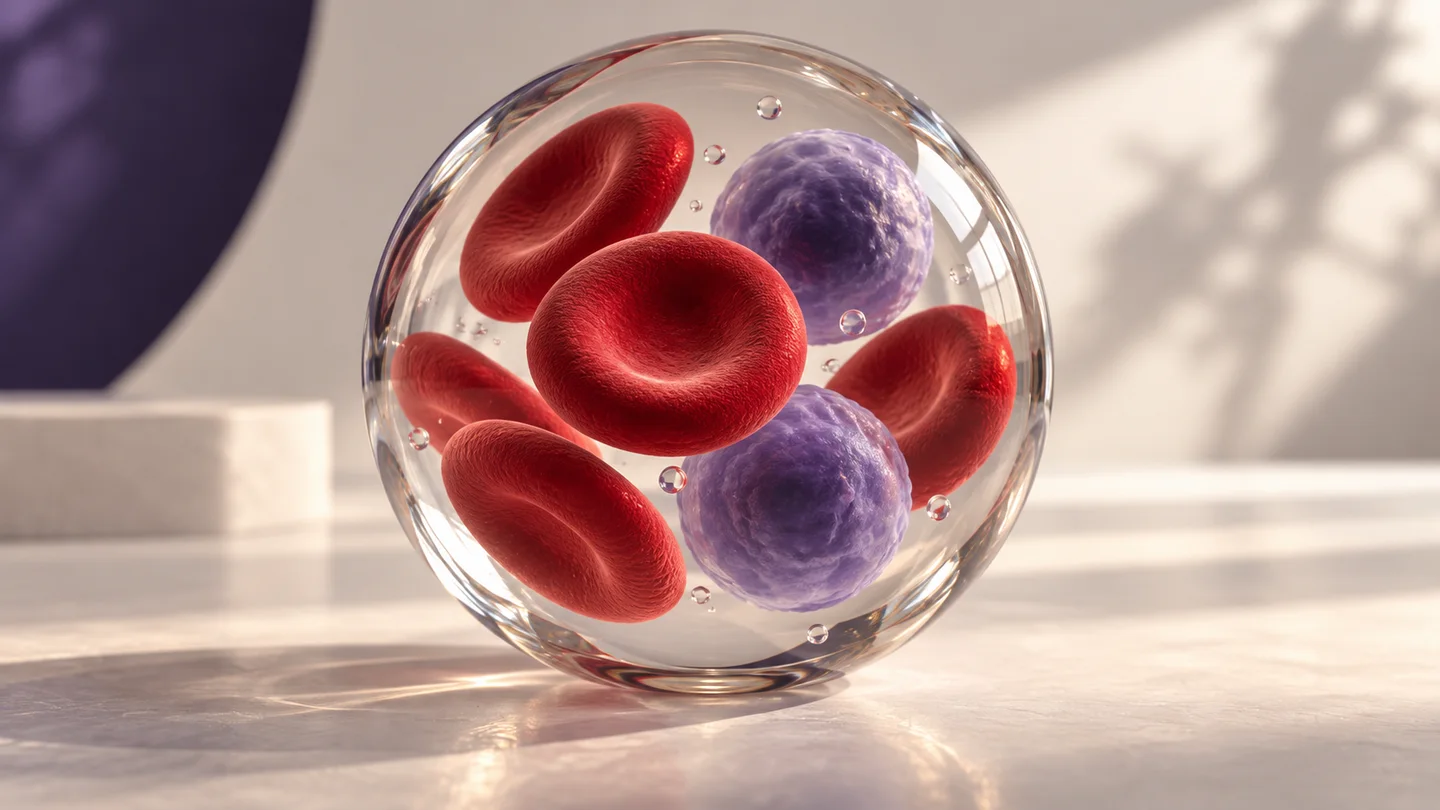 Conceptual glass sphere containing stylized crimson and violet blood-cell forms; not a diagnostic specimen.