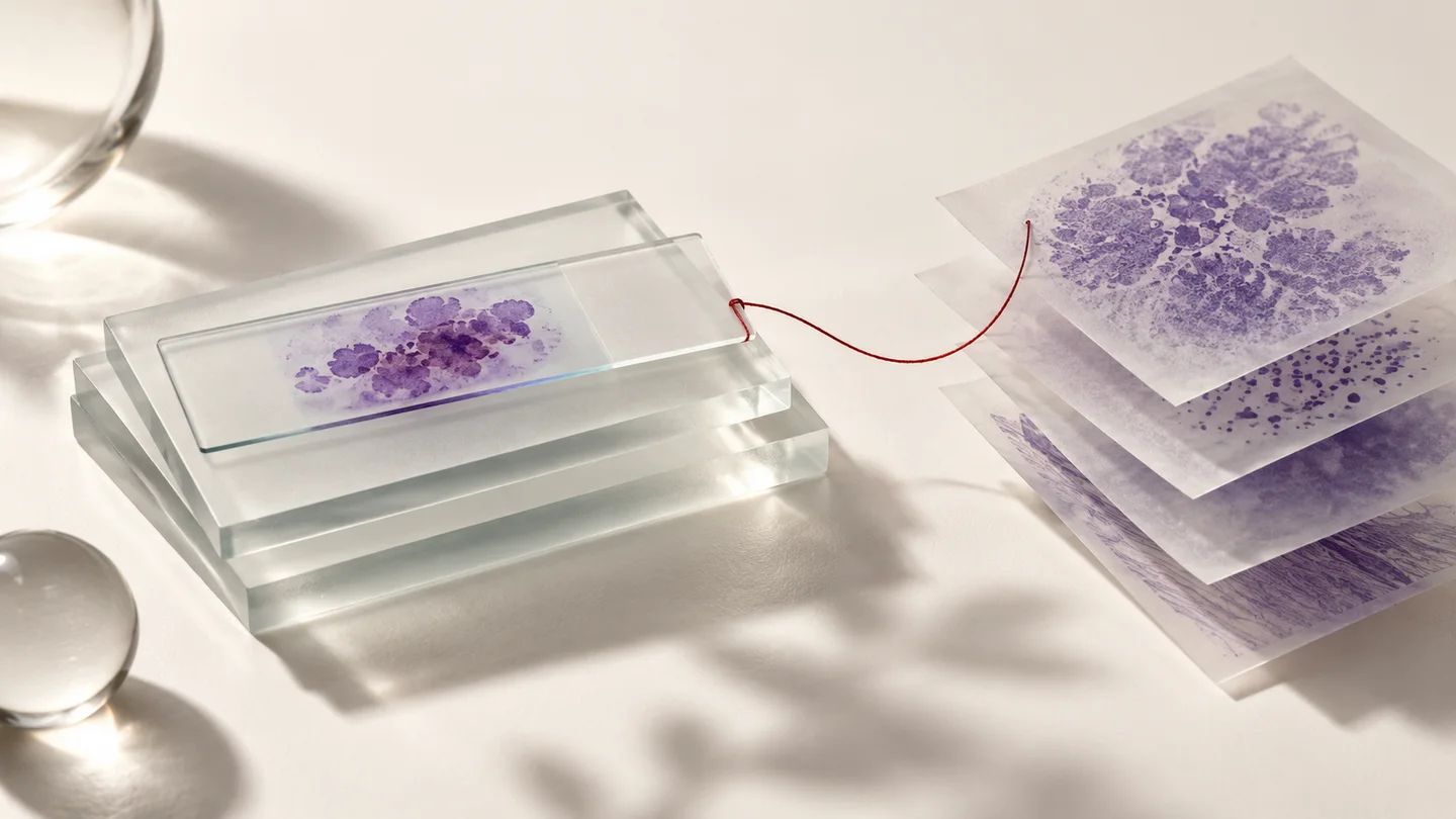 Conceptual glass slide linked by a crimson thread to translucent layers representing connected research evidence.