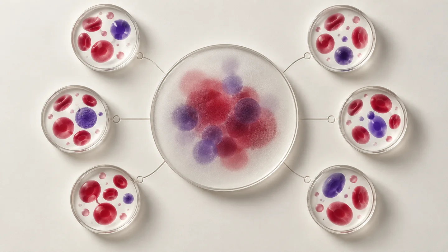 Conceptual glass observation windows with stylized crimson and violet forms connected to a larger frosted disk.